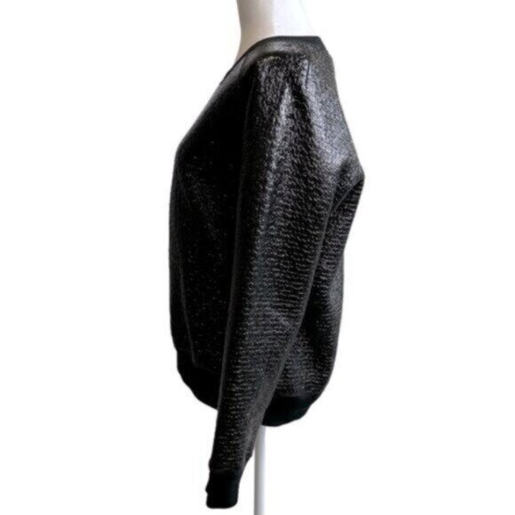 Theory 38 Black Faux leather Shiny Dressy Crew Neck Sweatshirt Top Medium - Picture 3 of 7
